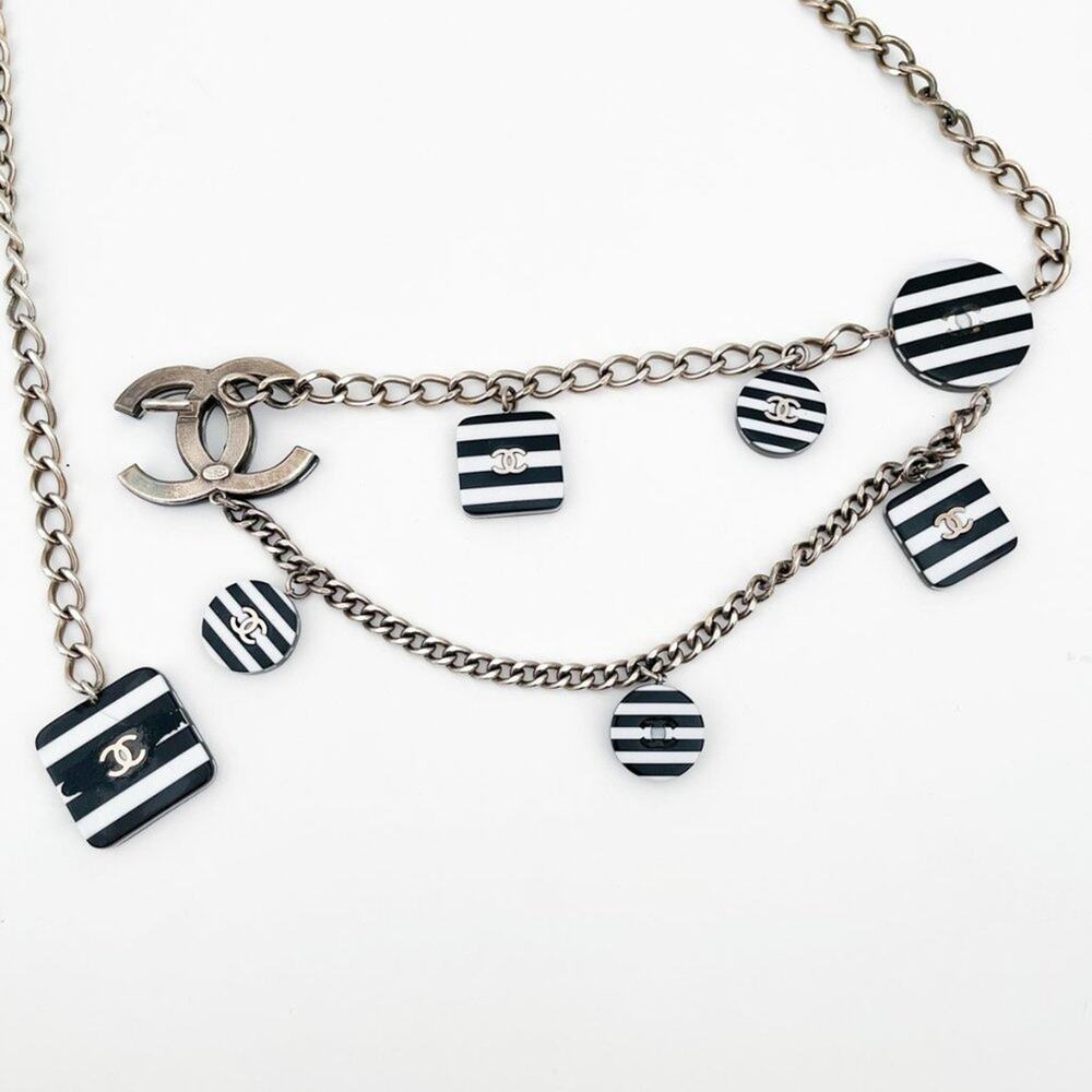 CHANEL 2005 CC Chain Belt Necklace Black and White Stripe Resin Charms Logo - Picture 10 of 16
